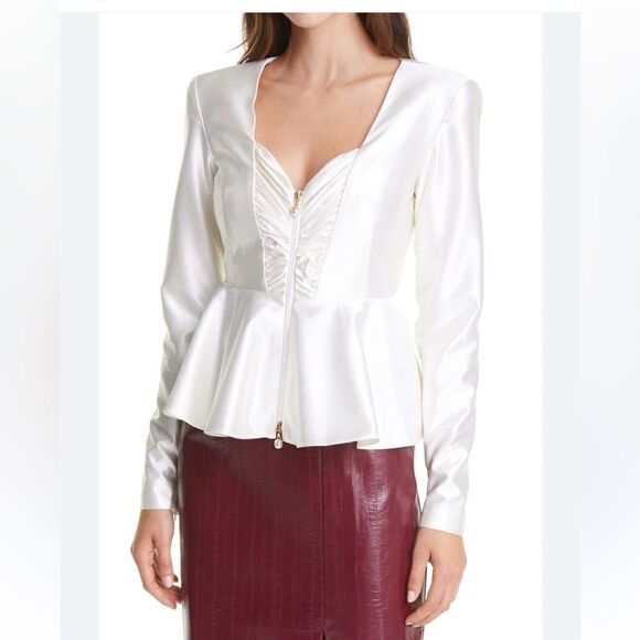 ROTATE BIRGER CHRISTENSEN WHITE ASPARAGUS SATIN RUCHED PEPLUM ANNIE TOP - Picture 5 of 11